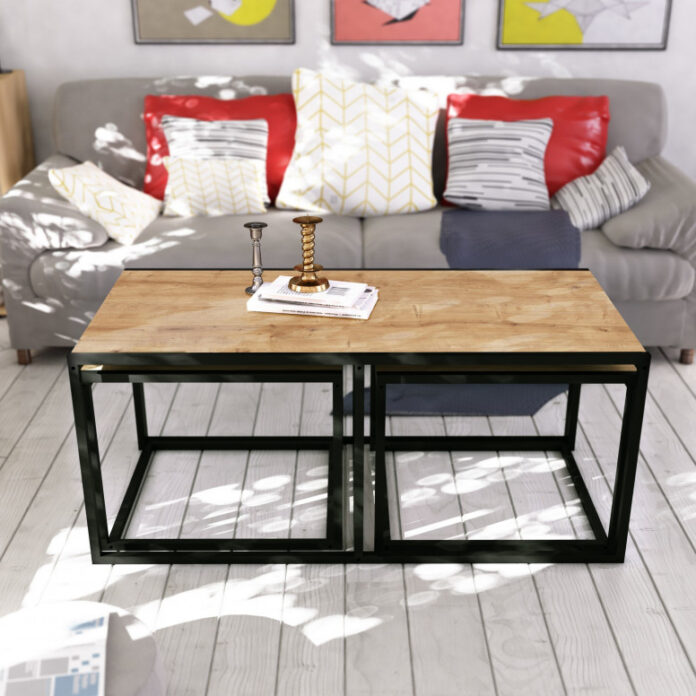 Set 3 Masute de Cafea Model Banks, 120x60x50/60x60x45 cm, Stejar/Negru Set 3 Masute de Cafea Model Banks, 120x60x50/60x60x45 cm, Stejar/Negru