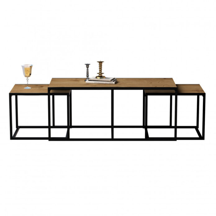 Set 3 Masute de Cafea Model Banks, 120x60x50/60x60x45 cm, Stejar/Negru Set 3 Masute de Cafea Model Banks, 120x60x50/60x60x45 cm, Stejar/Negru