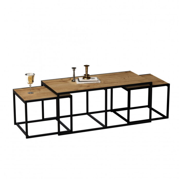 Set 3 Masute de Cafea Model Banks, 120x60x50/60x60x45 cm, Stejar/Negru Set 3 Masute de Cafea Model Banks, 120x60x50/60x60x45 cm, Stejar/Negru