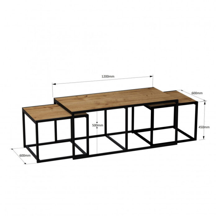 Set 3 Masute de Cafea Model Banks, 120x60x50/60x60x45 cm, Stejar/Negru Set 3 Masute de Cafea Model Banks, 120x60x50/60x60x45 cm, Stejar/Negru