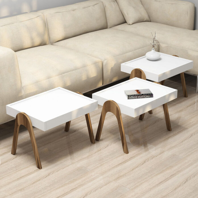 Set 3 Masute de Cafea Model Hancock, 53.6x40x64 cm, Nuc/Alb Set 3 Masute de Cafea Model Hancock, 53.6x40x64 cm, Nuc/Alb