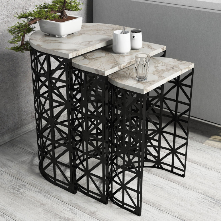 Set 3 Masute de Cafea Model Remi, 46x33x62/41x30x58/36x27x53 cm, Alb Marmorat/Negru Set 3 Masute de Cafea Model Remi, 46x33x62/41x30x58/36x27x53 cm, Alb Marmorat/Negru