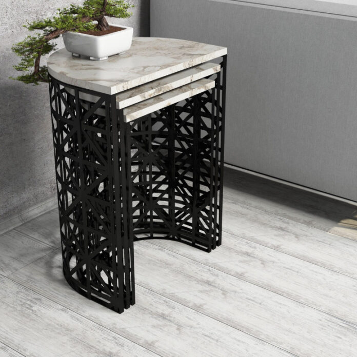 Set 3 Masute de Cafea Model Remi, 46x33x62/41x30x58/36x27x53 cm, Alb Marmorat/Negru Set 3 Masute de Cafea Model Remi, 46x33x62/41x30x58/36x27x53 cm, Alb Marmorat/Negru