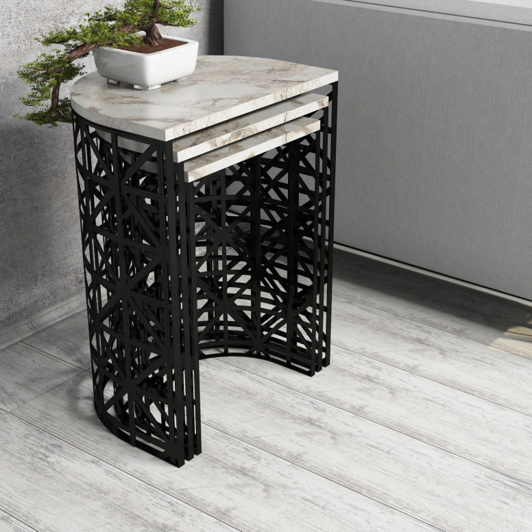 Set 3 Masute de Cafea Model Remi, 46x33x62/41x30x58/36x27x53 cm, Alb Marmorat/Negru Set 3 Masute de Cafea Model Remi, 46x33x62/41x30x58/36x27x53 cm, Alb Marmorat/Negru