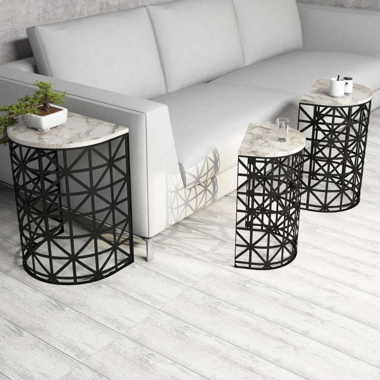 Set 3 Masute de Cafea Model Remi, 46x33x62/41x30x58/36x27x53 cm, Alb Marmorat/Negru Set 3 Masute de Cafea Model Remi, 46x33x62/41x30x58/36x27x53 cm, Alb Marmorat/Negru