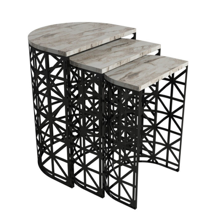 Set 3 Masute de Cafea Model Remi, 46x33x62/41x30x58/36x27x53 cm, Alb Marmorat/Negru Set 3 Masute de Cafea Model Remi, 46x33x62/41x30x58/36x27x53 cm, Alb Marmorat/Negru