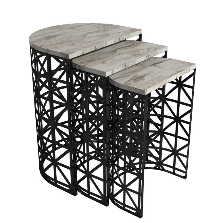 Set 3 Masute de Cafea Model Remi, 46x33x62/41x30x58/36x27x53 cm, Alb Marmorat/Negru Set 3 Masute de Cafea Model Remi, 46x33x62/41x30x58/36x27x53 cm, Alb Marmorat/Negru