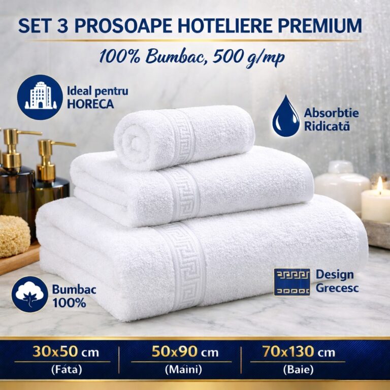 Set 3 Prosoape Hoteliere Albe, 100% Bumbac, 500 g/mp – Dimensiuni Diverse