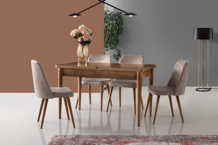 Set 4 scaune Model Dallas, Roz prafuit/Nuc, 50x49x90 cm Set 4 scaune Model Dallas, Roz prafuit/Nuc, 50x49x90 cm