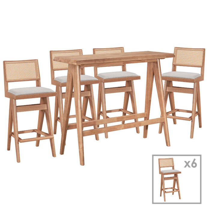 Set bar masa si scaune pentru sufragerie Winslow set 7 piese lemn de arbore de cauciuc, culoarea nuc deschis 120x45x100cm Set bar masa si scaune pentru sufragerie Winslow set 7 piese lemn de arbore de cauciuc, culoarea nuc deschis 120x45x100cm