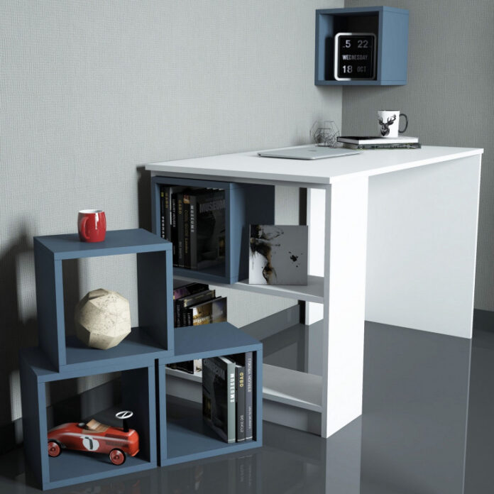 Set Birou si Biblioteca Salvador, model Box, 120x75x65 cm, Alb/Albastru Set Birou si Biblioteca Salvador, model Box, 120x75x65 cm, Alb/Albastru