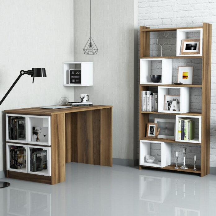Set Birou si Biblioteca Salvador, model Box, 120x75x65 cm, Nuc/Alb Set Birou si Biblioteca Salvador, model Box, 120x75x65 cm, Nuc/Alb