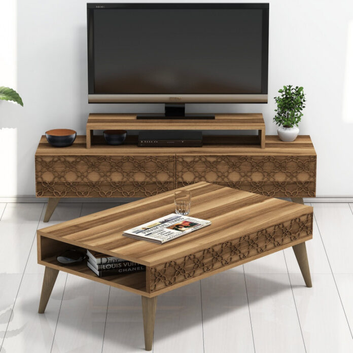 Set Comoda TV si Masuta de Cafea Model Fisher, 105x60x36.6 cm, Nuc Set Comoda TV si Masuta de Cafea Model Fisher, 105x60x36.6 cm, Nuc