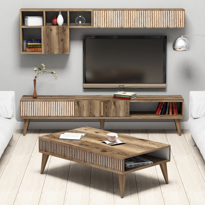 Set Comoda TV si Masuta de Cafea Model Herrera, 105x60x34.6 cm, Nuc Set Comoda TV si Masuta de Cafea Model Herrera, 105x60x34.6 cm, Nuc