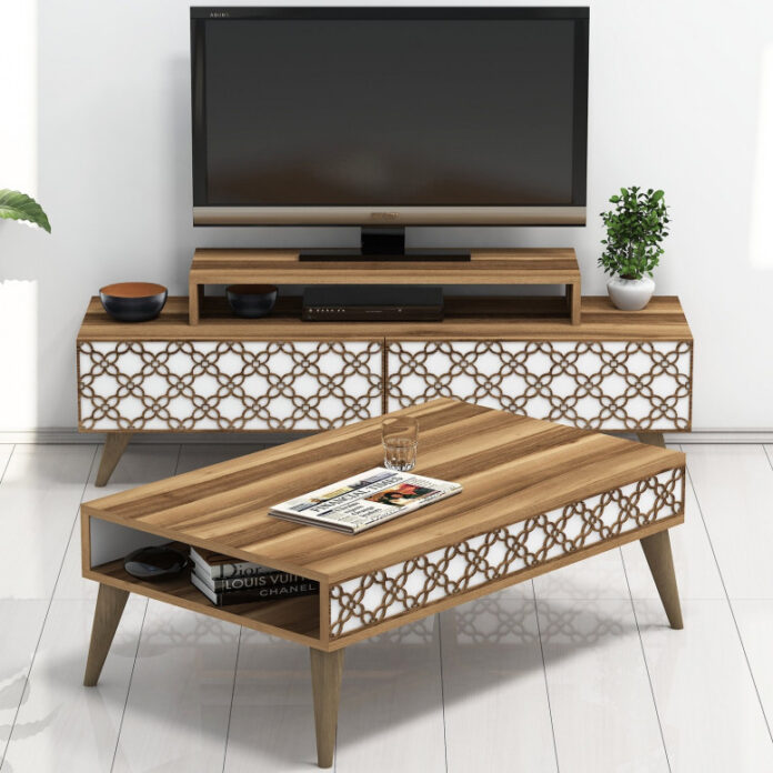 Set Comoda TV si Masuta de Cafea Model Horton, 105x60x36.6 cm, Nuc/Alb Set Comoda TV si Masuta de Cafea Model Horton, 105x60x36.6 cm, Nuc/Alb