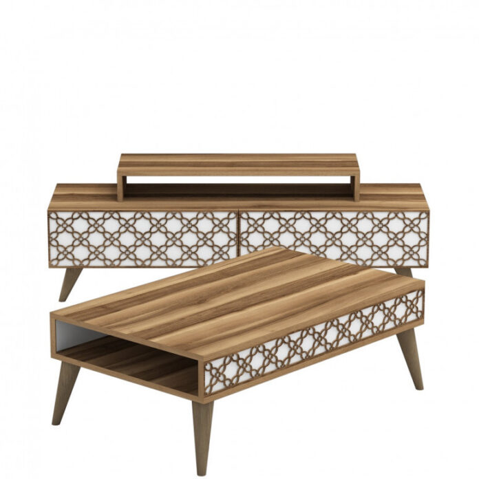 Set Comoda TV si Masuta de Cafea Model Horton, 105x60x36.6 cm, Nuc/Alb Set Comoda TV si Masuta de Cafea Model Horton, 105x60x36.6 cm, Nuc/Alb