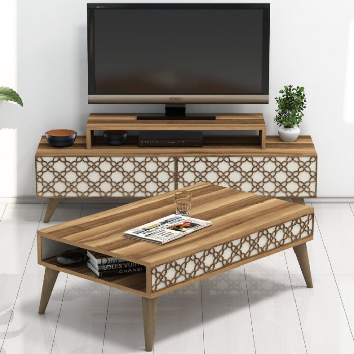 Set Comoda TV si Masuta de Cafea Model Patterson, 105x60x36.6 cm, Nuc/Crem Set Comoda TV si Masuta de Cafea Model Patterson, 105x60x36.6 cm, Nuc/Crem