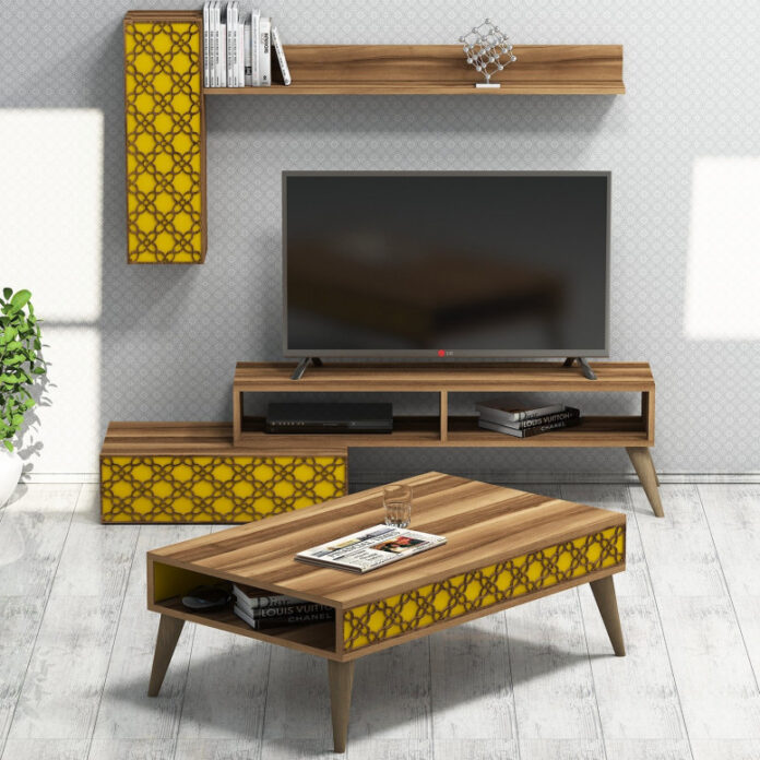 Set Comoda TV si Masuta de Cafea Model Reese, 105x37x60 cm, Nuc/Galben Set Comoda TV si Masuta de Cafea Model Reese, 105x37x60 cm, Nuc/Galben