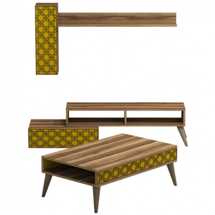 Set Comoda TV si Masuta de Cafea Model Reese, 105x37x60 cm, Nuc/Galben Set Comoda TV si Masuta de Cafea Model Reese, 105x37x60 cm, Nuc/Galben