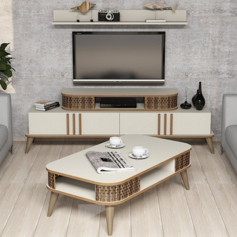 Set Comoda TV si Masuta de Cafea Model Schroeder, 105x60x34.6 cm, Crem Set Comoda TV si Masuta de Cafea Model Schroeder, 105x60x34.6 cm, Crem