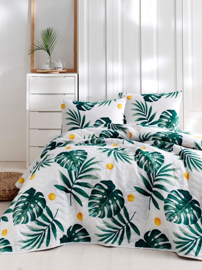 Set Cuvertura de pat 1 Persoana Model Kapitone Monstera Green Set Cuvertura de pat 1 Persoana Model Kapitone Monstera Green