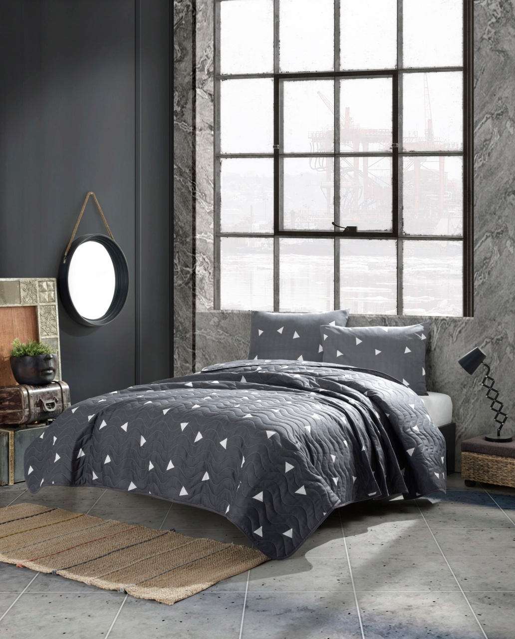 Set Cuvertura Pat Dublu Model Üçgen Grey Set Cuvertura Pat Dublu Model Üçgen Grey