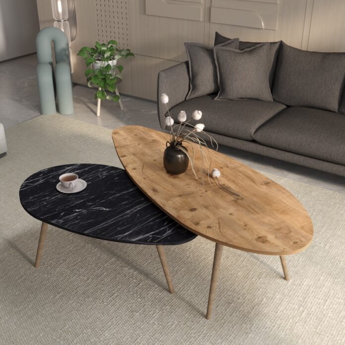 Set de 2 măsuțe de cafea Monty, natural/negru marmorat, 116x46x46 cm Set de 2 măsuțe de cafea Monty, natural/negru marmorat, 116x46x46 cm