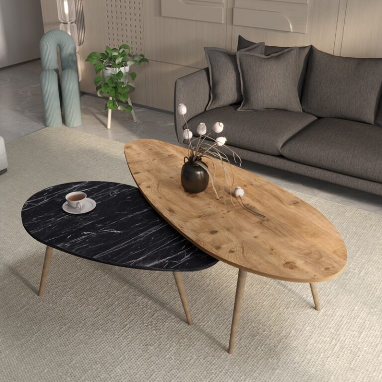 Set de 2 măsuțe de cafea Monty, natural/negru marmorat, 116x46x46 cm