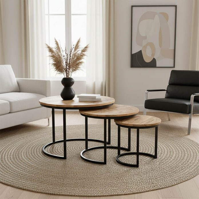 Set de 3 măsuțe de cafea Frina, natural/negru, 70x70x45 cm Set de 3 măsuțe de cafea Frina, natural/negru, 70x70x45 cm