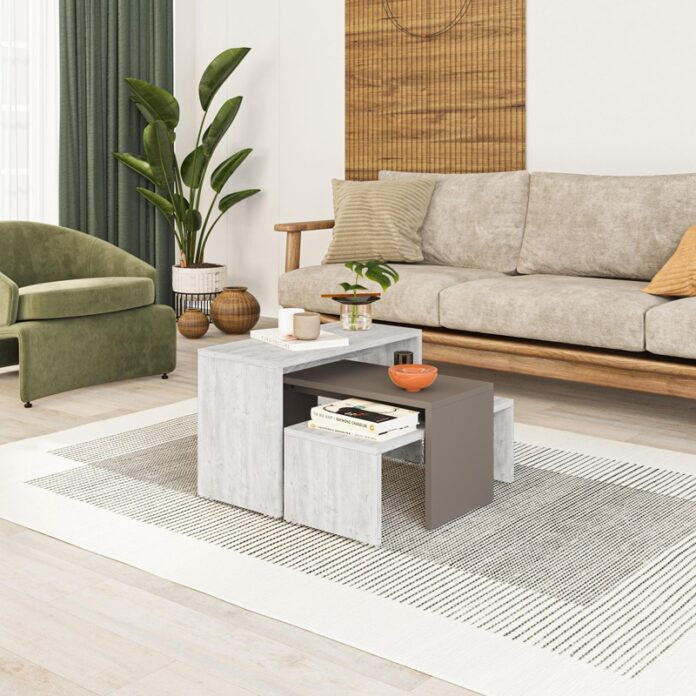 Set de 3 măsuțe de cafea Kantar, alb antic/mocha, 65x30x39 cm Set de 3 măsuțe de cafea Kantar, alb antic/mocha, 65x30x39 cm