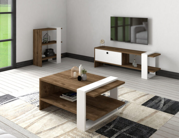 Set de mobilier pentru living Gaye, Nuc- Alb Set de mobilier pentru living Gaye, Nuc- Alb