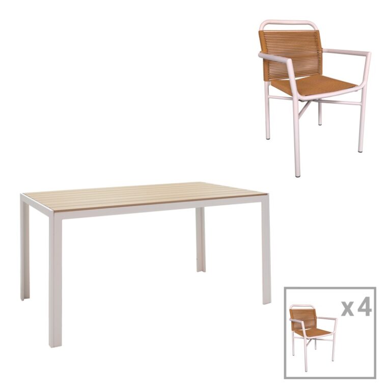 Set Masă de Grădină si 4 Scaune Nares-Clutch A, alb/natural, 140x80x72.5 cm