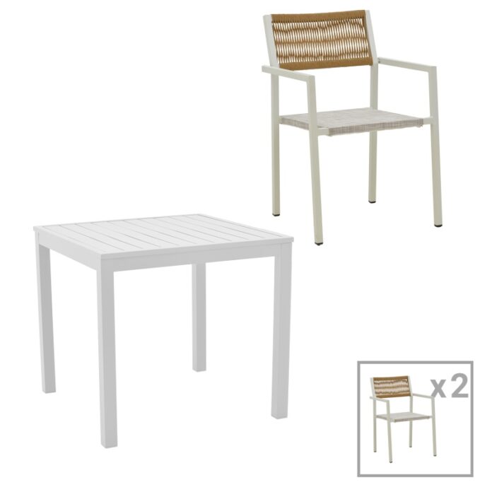 Set masă și scaune de exterior, 3 Piese, Model Savor-Kliton, Alb/Natural, 80x80x74 cm Set masă și scaune de exterior, 3 Piese, Model Savor-Kliton, Alb/Natural, 80x80x74 cm