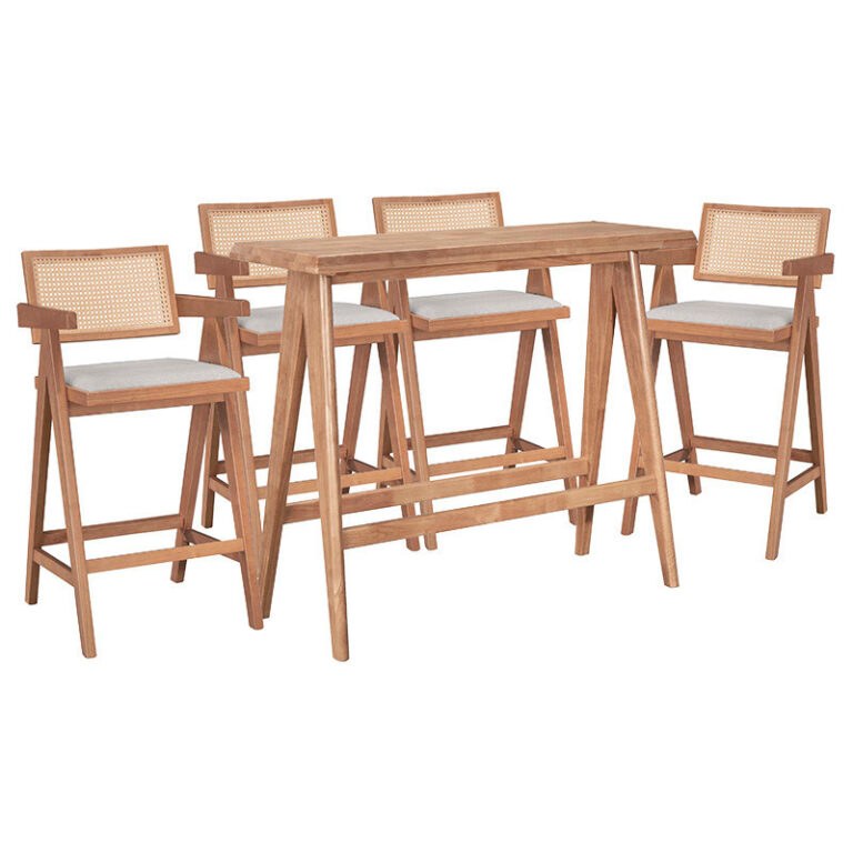 Set masa si scaune pentru sufragerie Winslow Ι set 5 piese lemn de arbore de cauciuc, culoarea nuc deschis 120x45x100cm