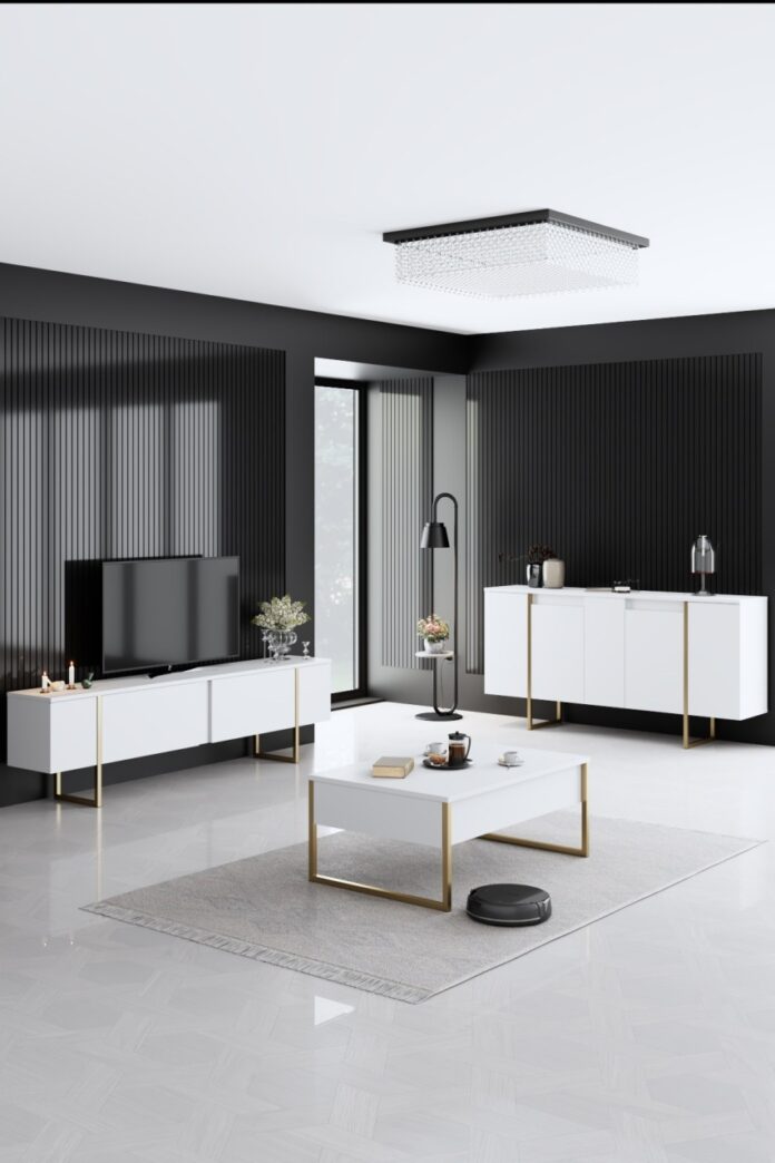 Set mobilier living Model Luxe, Alb/Auriu, 160x35x80 cm Set mobilier living Model Luxe, Alb/Auriu, 160x35x80 cm