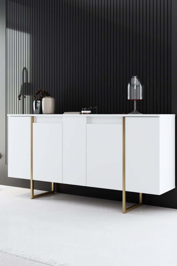 Set mobilier living Model Luxe, Alb/Auriu, 160x35x80 cm Set mobilier living Model Luxe, Alb/Auriu, 160x35x80 cm