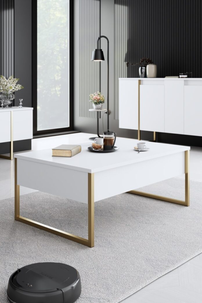 Set mobilier living Model Luxe, Alb/Auriu, 160x35x80 cm Set mobilier living Model Luxe, Alb/Auriu, 160x35x80 cm