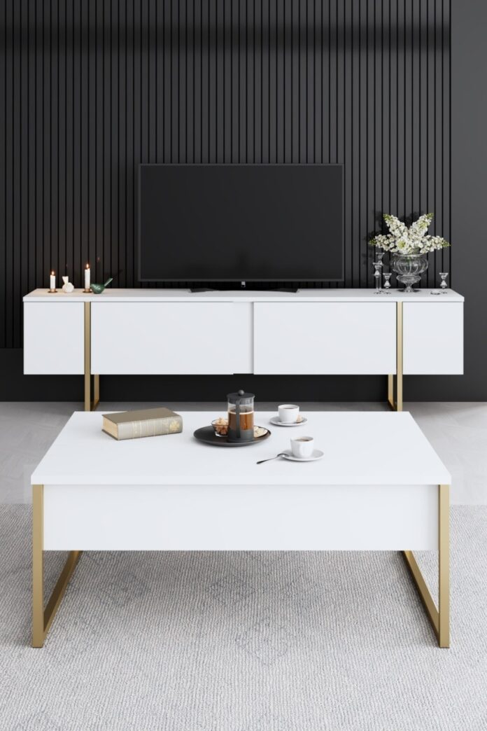 Set mobilier living Model Luxe, Alb/Auriu, 160x35x80 cm Set mobilier living Model Luxe, Alb/Auriu, 160x35x80 cm