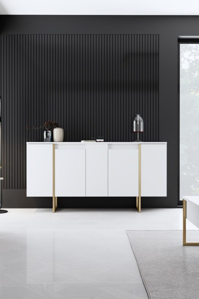 Set mobilier living Model Luxe, Alb/Auriu, 160x35x80 cm Set mobilier living Model Luxe, Alb/Auriu, 160x35x80 cm