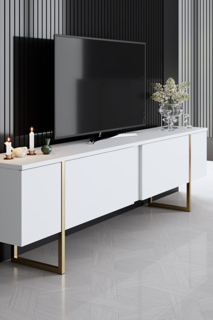 Set mobilier living Model Luxe, Alb/Auriu, 160x35x80 cm Set mobilier living Model Luxe, Alb/Auriu, 160x35x80 cm