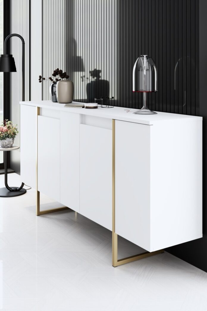 Set mobilier living Model Luxe, Alb/Auriu, 160x35x80 cm Set mobilier living Model Luxe, Alb/Auriu, 160x35x80 cm