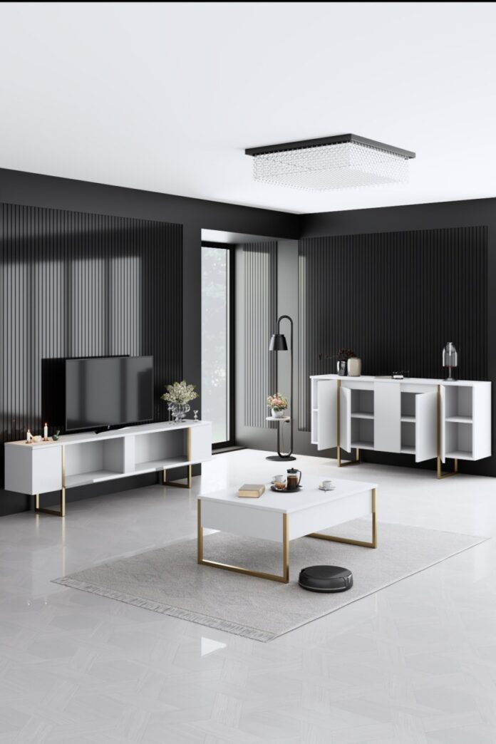 Set mobilier living Model Luxe, Alb/Auriu, 160x35x80 cm Set mobilier living Model Luxe, Alb/Auriu, 160x35x80 cm