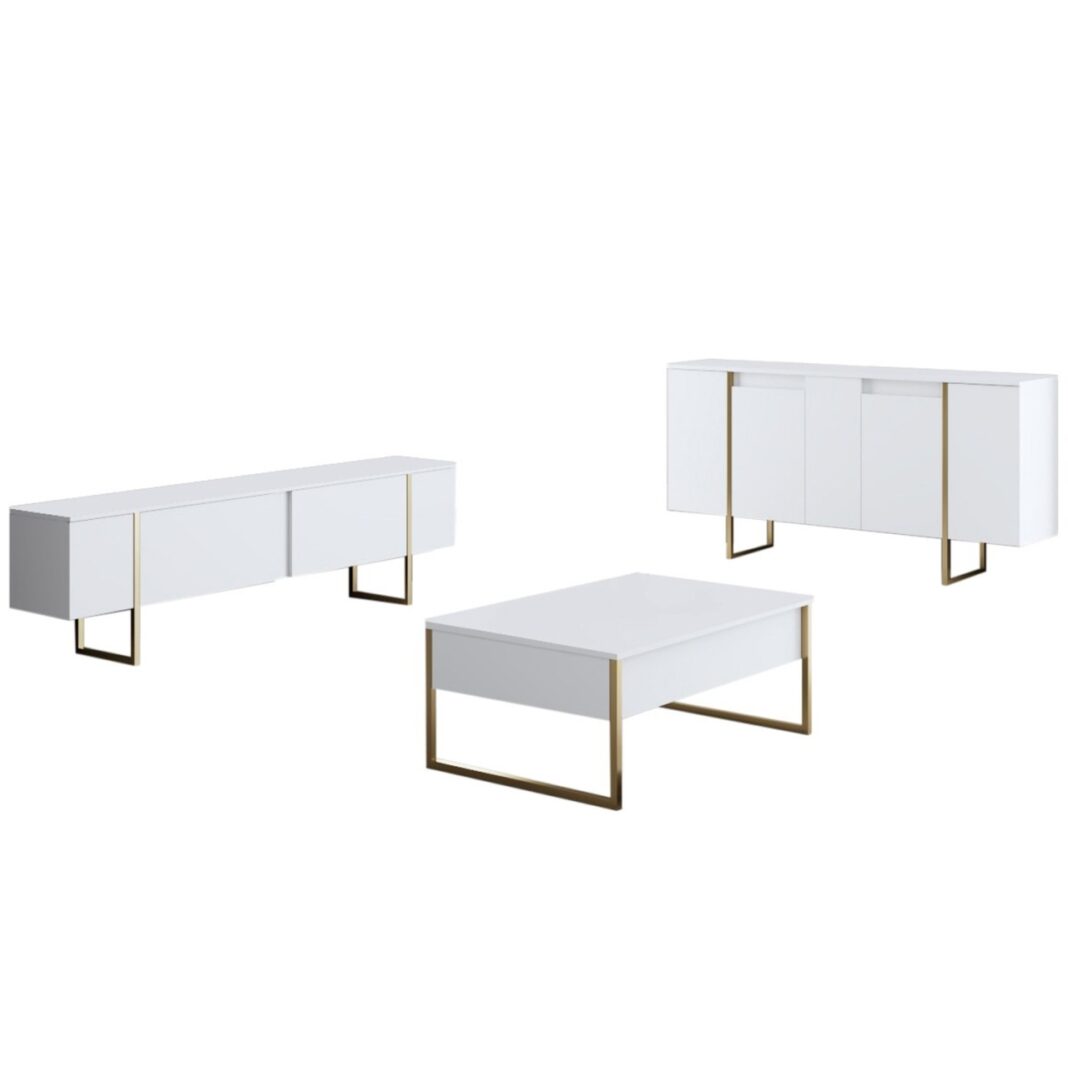 Set mobilier living Model Luxe, Alb/Auriu, 160x35x80 cm Set mobilier living Model Luxe, Alb/Auriu, 160x35x80 cm