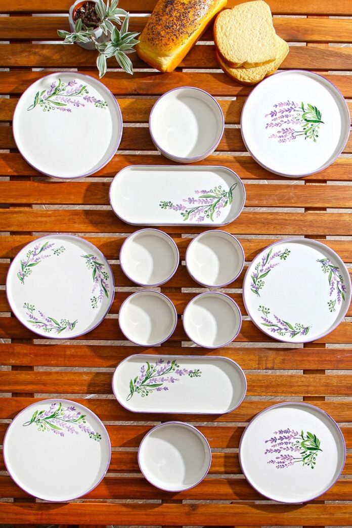 Set vesela mic dejun, 14 bucati Lavanta Alb 19x19x3.5 cm Set vesela mic dejun, 14 bucati Lavanta Alb 19x19x3.5 cm