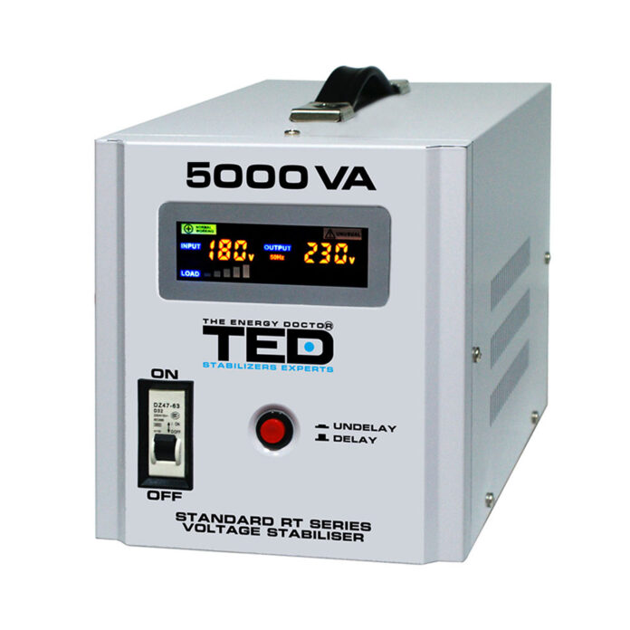 Stabilizator de tensiune cu 2 prize TED RT TED000187, 5000 VA, 3000 W, regleta Stabilizator de tensiune cu 2 prize TED RT TED000187, 5000 VA, 3000 W, regleta