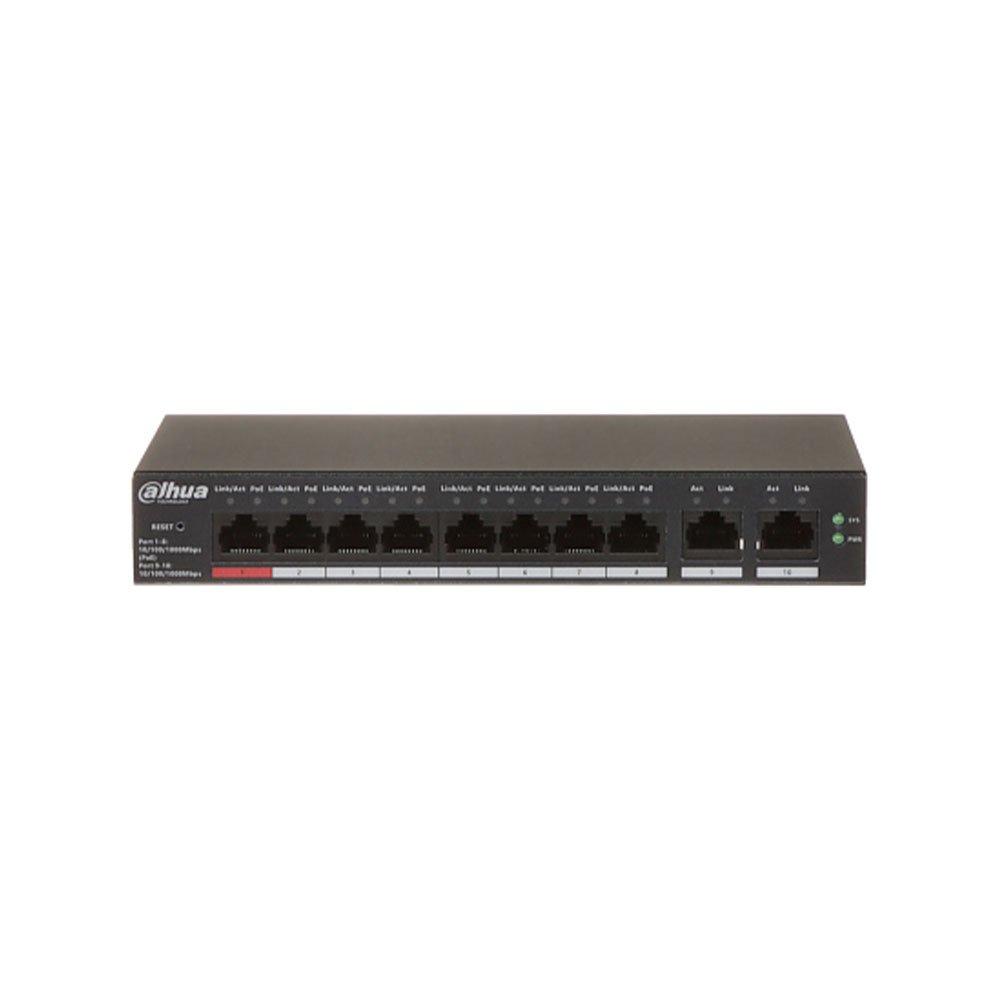 Switch cu 10 porturi Gigabit Dahua CS4010-8GT-110, 8 porturi PoE, 10/100/1000 Mbps, cu cloud management Switch cu 10 porturi Gigabit Dahua CS4010-8GT-110, 8 porturi PoE, 10/100/1000 Mbps, cu cloud management