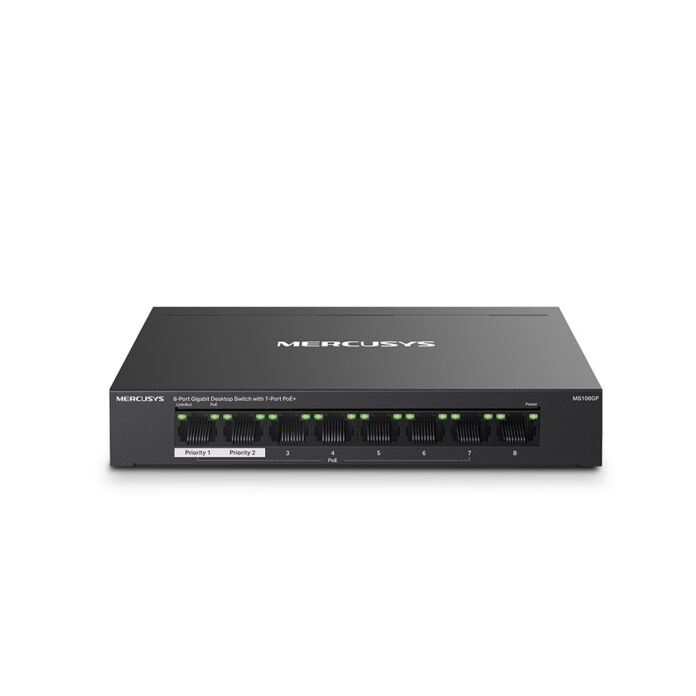 Switch desktop cu 8 porturi Gigabit Mercusys MS108GP, 8000 MAC, fara management, 250 m, PoE+ Switch desktop cu 8 porturi Gigabit Mercusys MS108GP, 8000 MAC, fara management, 250 m, PoE+