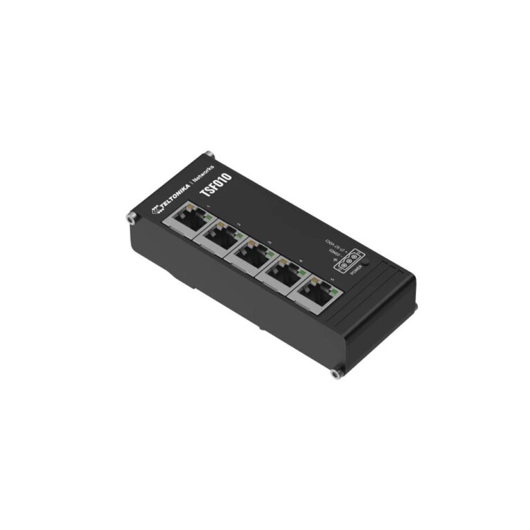 Switch industrial cu 5 porturi Teltonika TSF010, 10 Gbps, 2000 MAC, montaj pe sina DIN, fara management