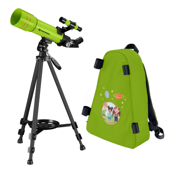 Set telescop refractor pentru copii 70/400 si rucsac Bresser Junior, albastru